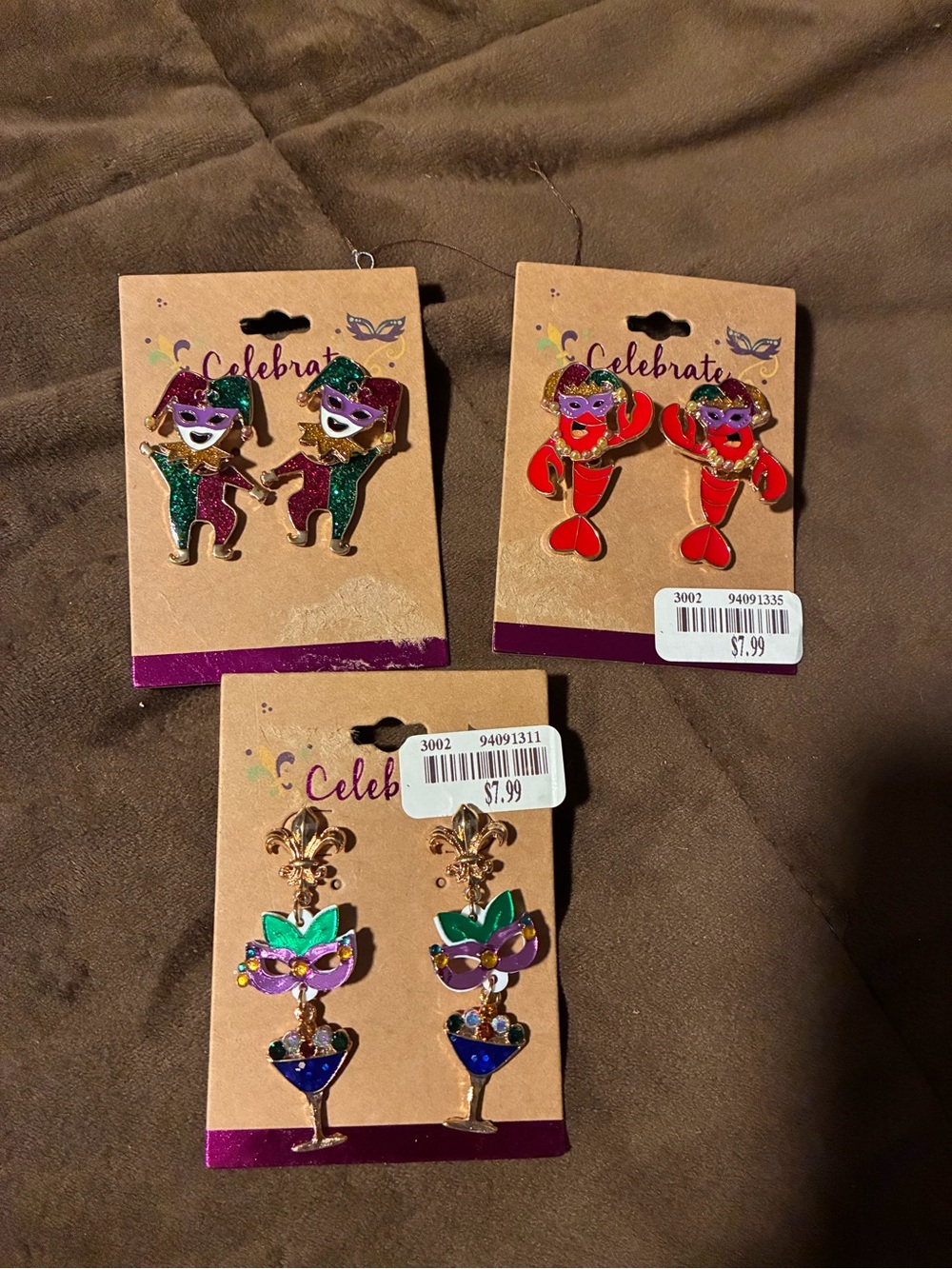 Celebrate Mardi Gras Mask Dangle Earrings - Multicolor, set of 3, new with tags